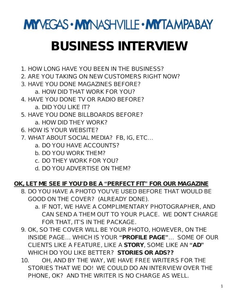 Interview Sheet - MyTampaBay Magazine